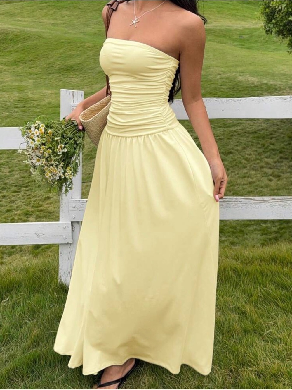 Strapless Ruched Bodice Maxi Dress - Soft Yellow